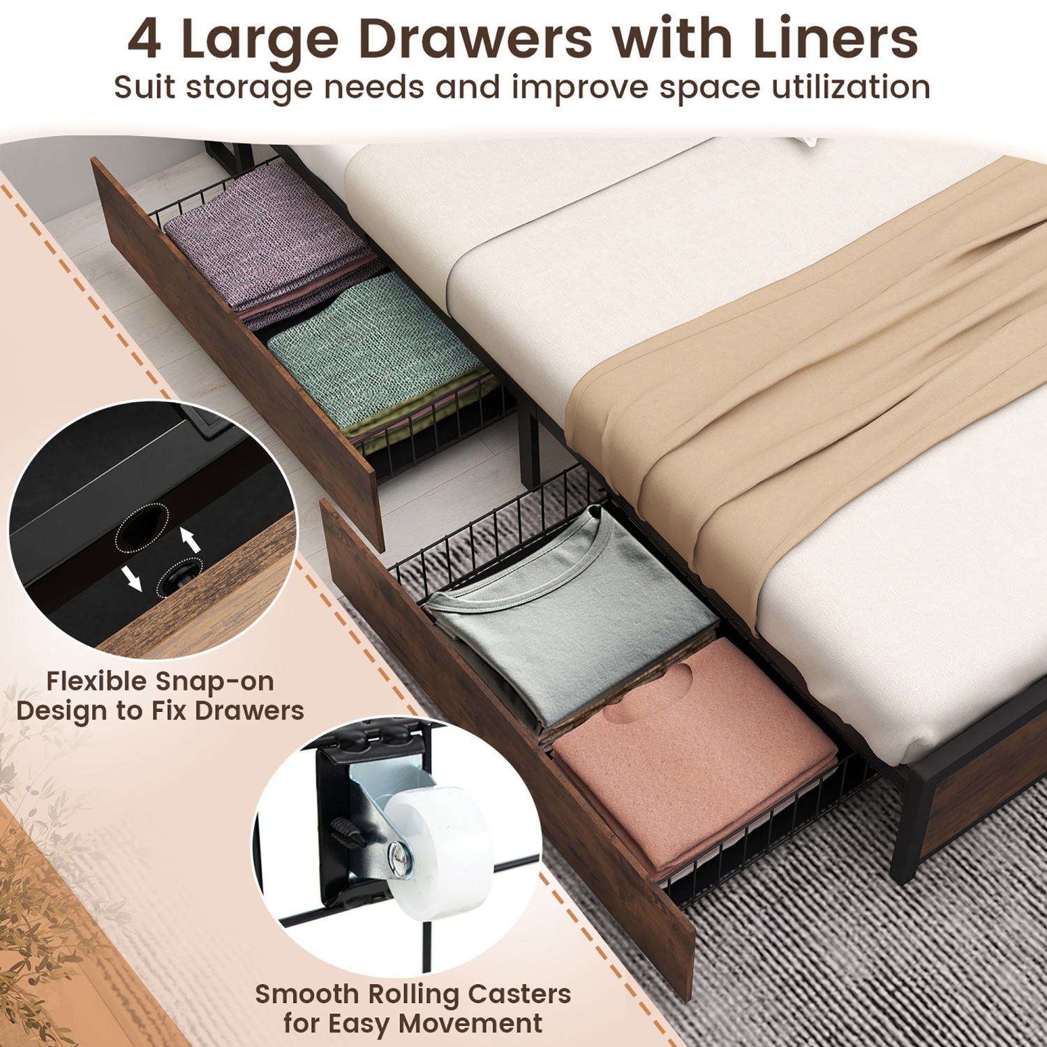 Gymax Full Size Bed Frame w/ Bookcase Headboard & 4 Storage Drawers Vintage Brown