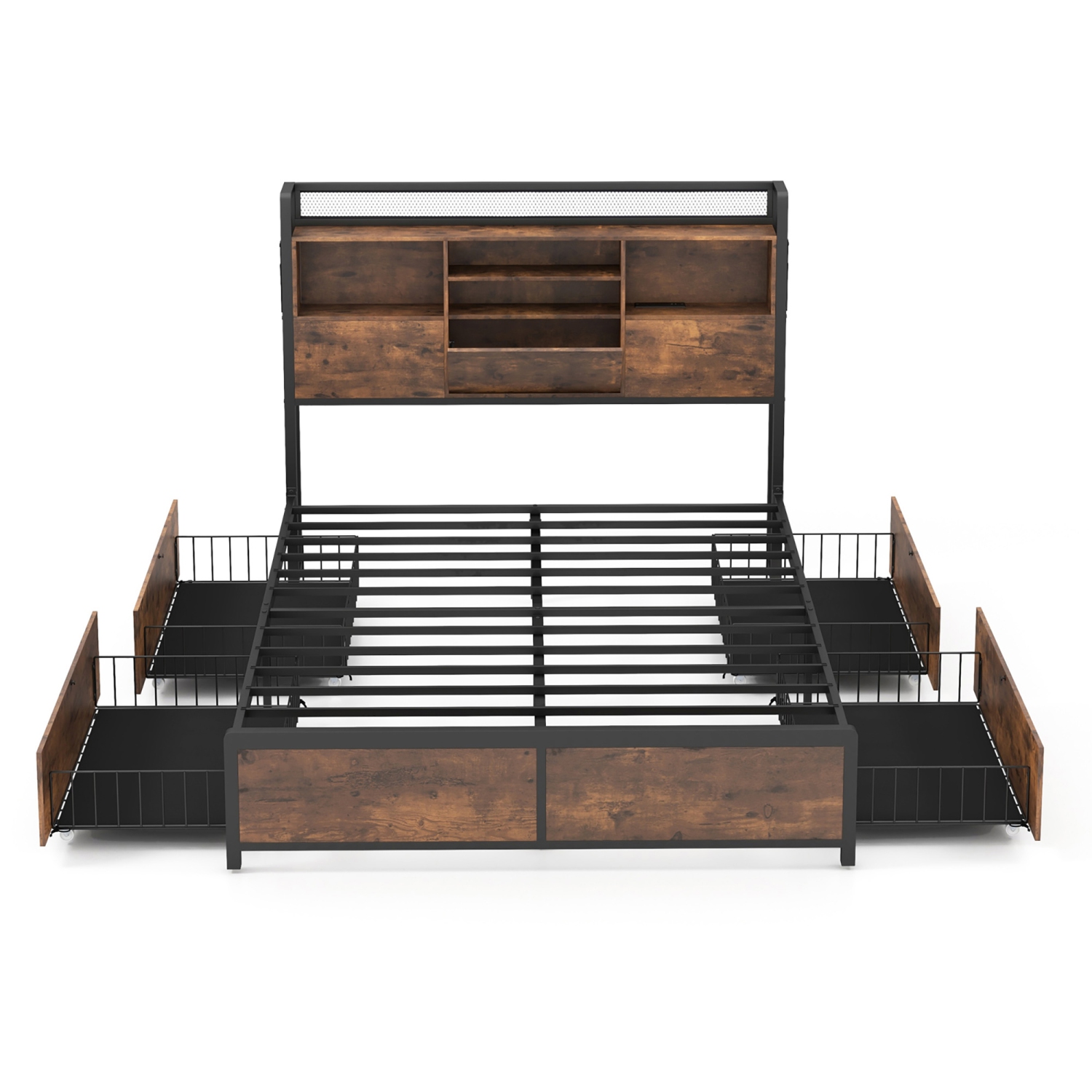 Gymax Full Size Bed Frame w/ Bookcase Headboard & 4 Storage Drawers Vintage Brown