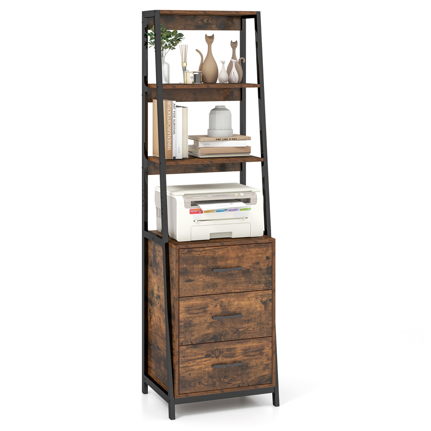 Gymax Ladder Bookshelf Tall Bookcase w/ 3 Open Shelves Printer Stand 3 Storage Drawers