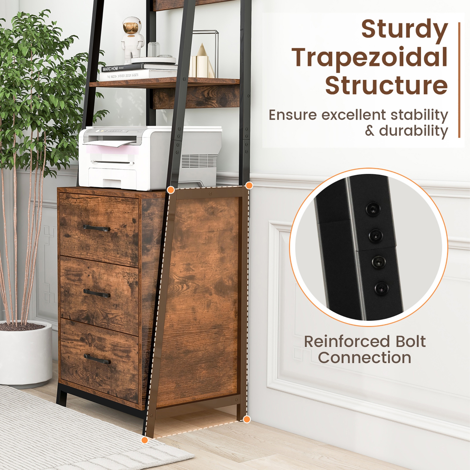 Gymax Ladder Bookshelf Tall Bookcase w/ 3 Open Shelves Printer Stand 3 Storage Drawers