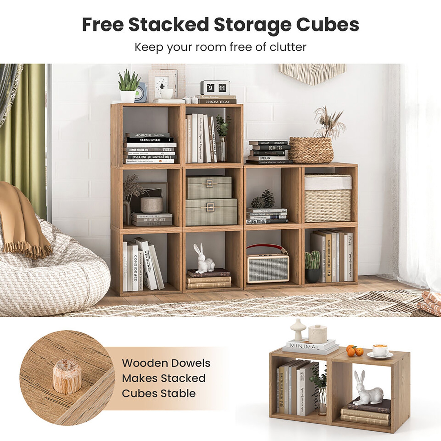 Gymax 4PCS Stackable Storage Cube Free-standing Storage Organizer Bookcase for Bedroom