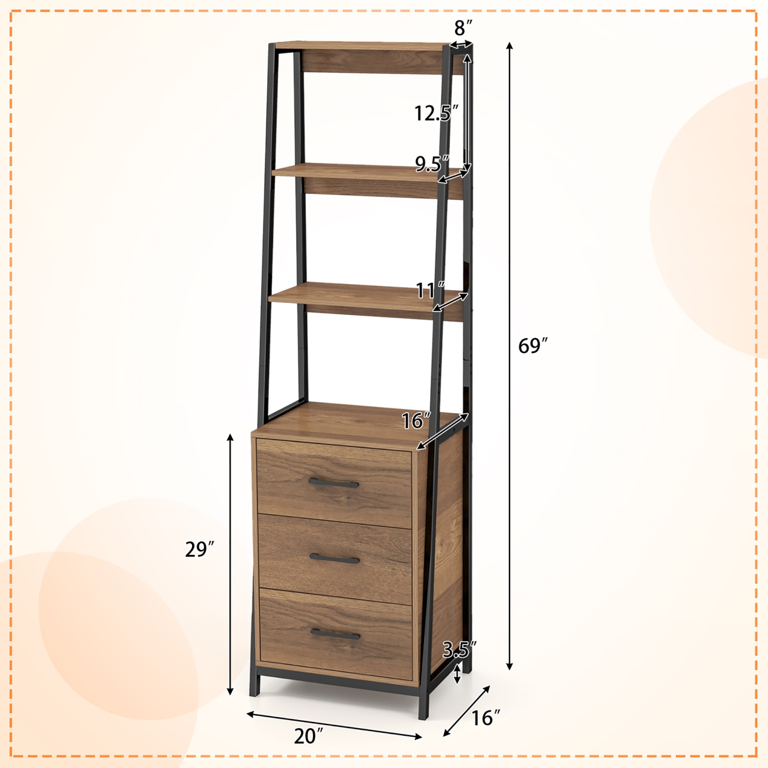 Gymax Ladder Bookshelf Tall Bookcase w/ 3 Open Shelves Printer Stand 3 Storage Drawers
