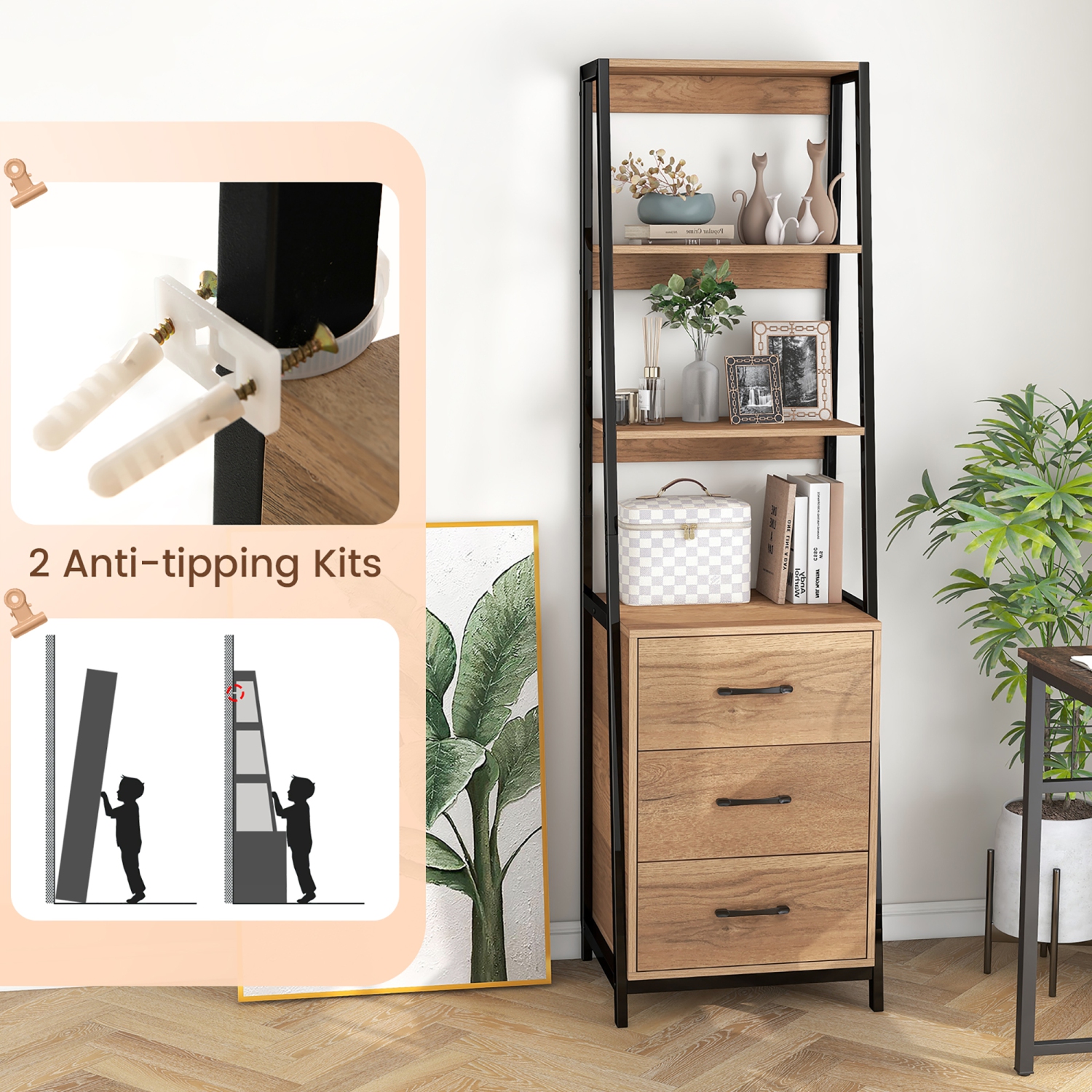 Gymax Ladder Bookshelf Tall Bookcase w/ 3 Open Shelves Printer Stand 3 Storage Drawers