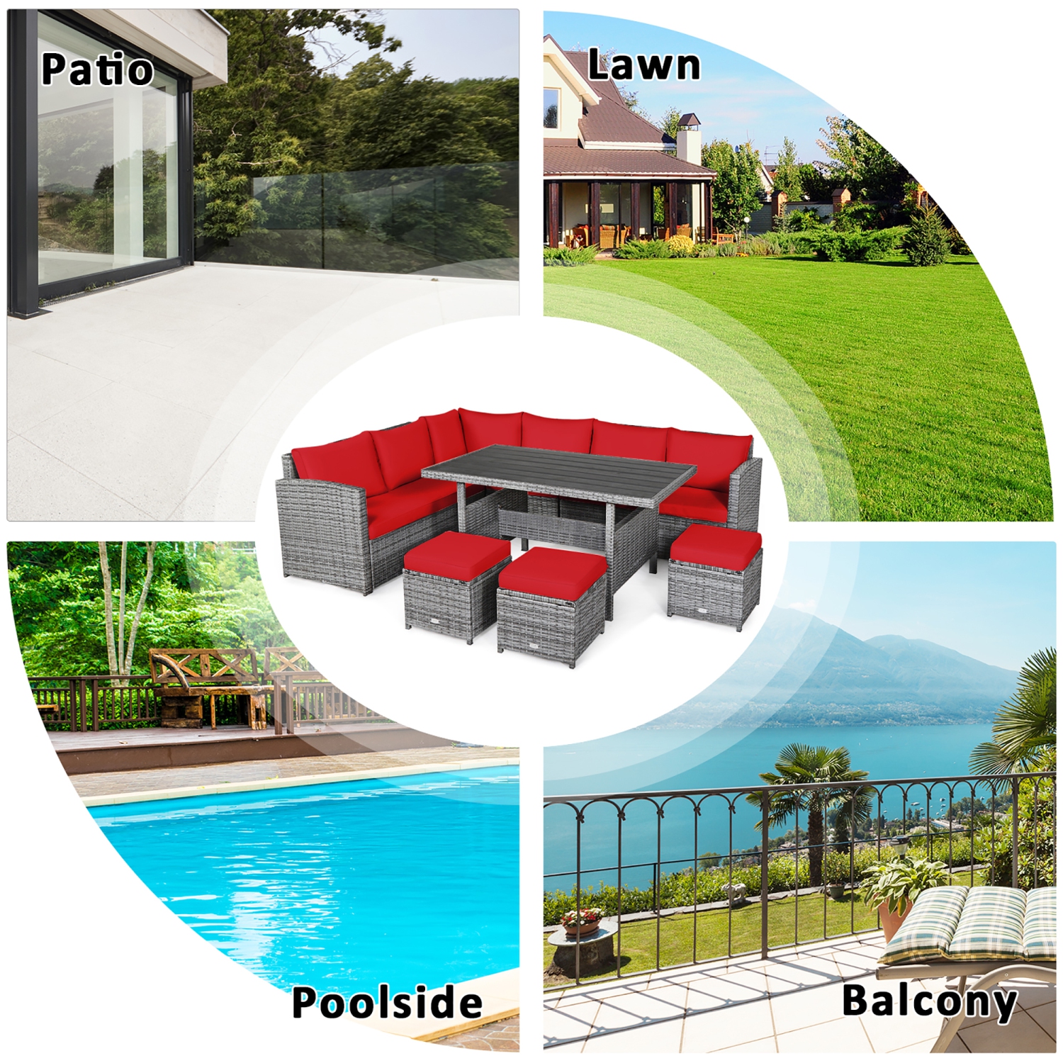 Ensemble patio de mobilier de salle à manger en rotin avec canapé modulaire et pouf de patio de Costway 7 pièces, rouge jardin