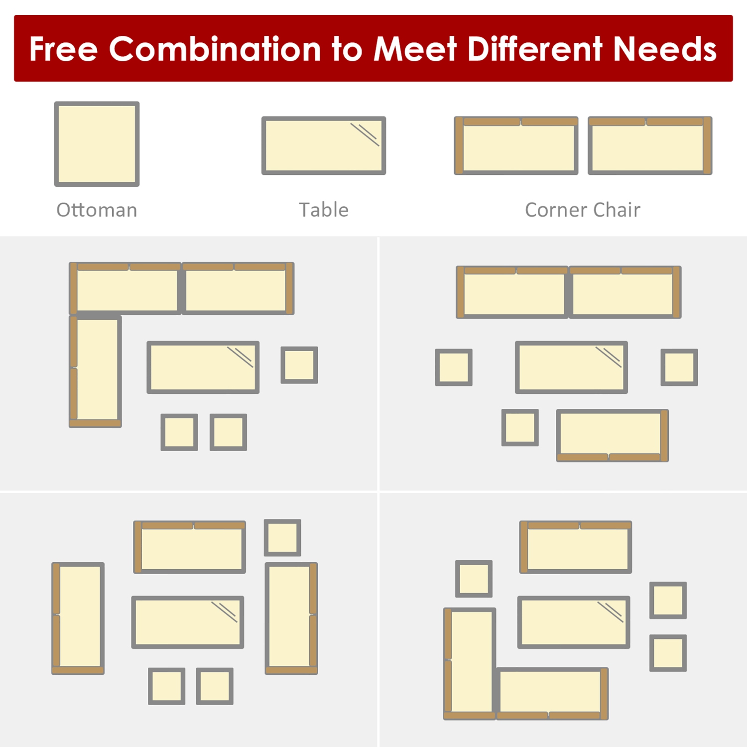 Ensemble patio de mobilier de salle à manger en rotin avec canapé modulaire et pouf de patio de Costway 7 pièces, rouge jardin
