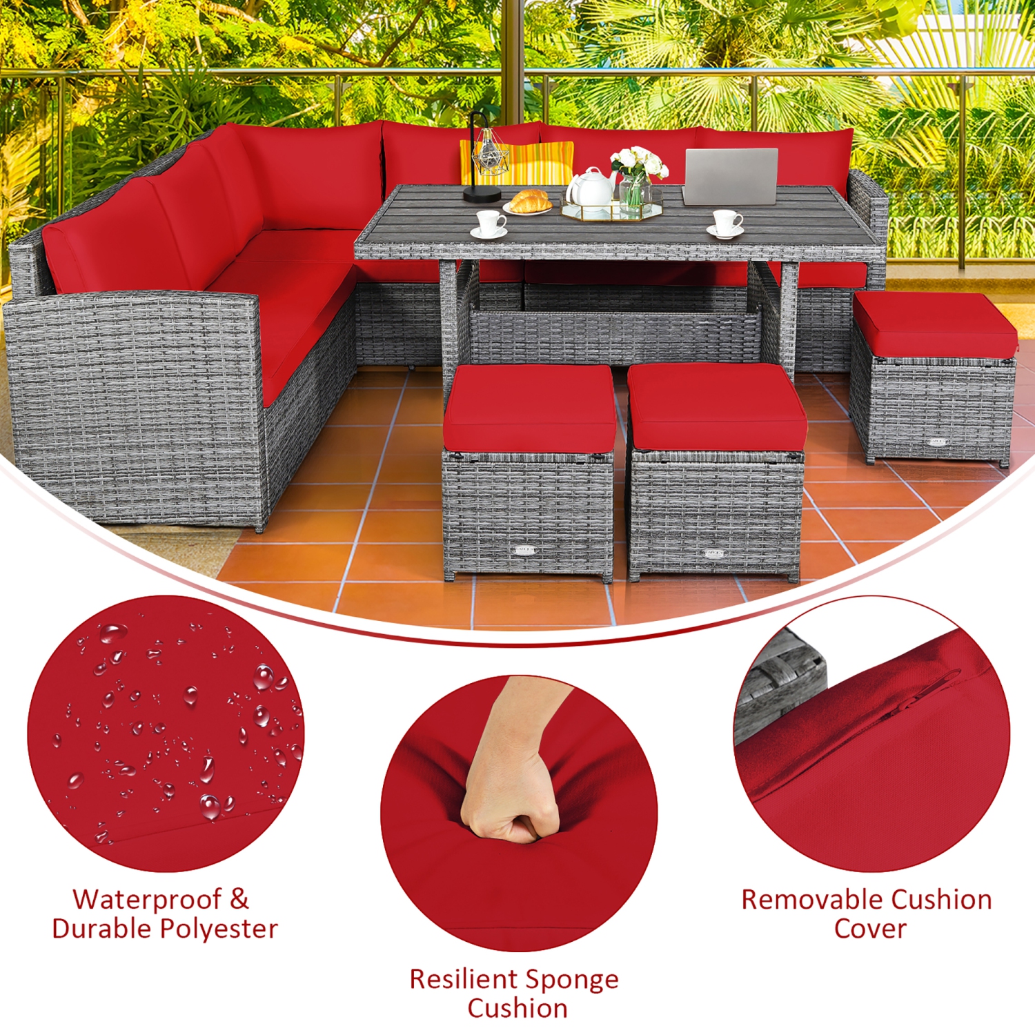 Ensemble patio de mobilier de salle à manger en rotin avec canapé modulaire et pouf de patio de Costway 7 pièces, rouge jardin