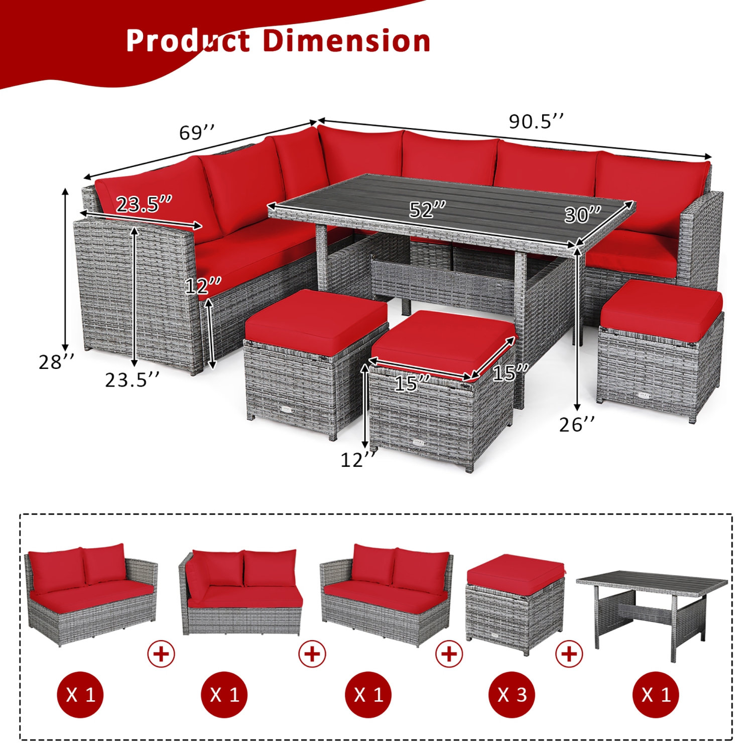Ensemble patio de mobilier de salle à manger en rotin avec canapé modulaire et pouf de patio de Costway 7 pièces, rouge jardin