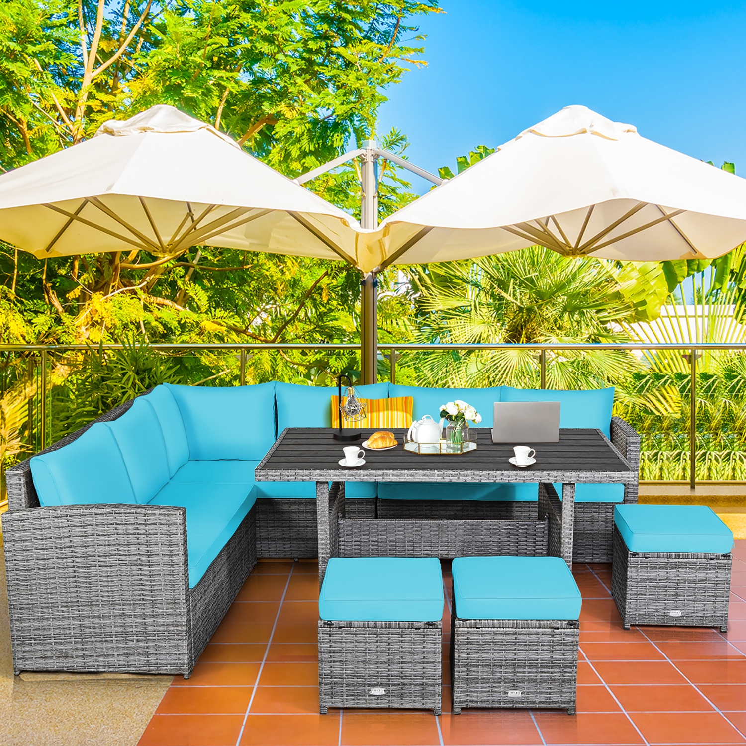 Costway 7 PCS Patio Rattan Dining Set Sectional Sofa Couch Ottoman Garden Turquoise
