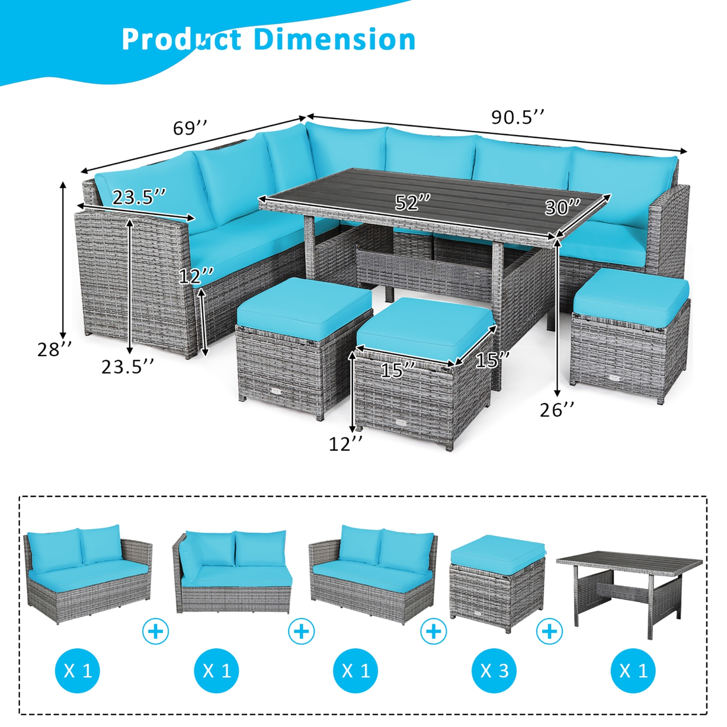 Costway 7 PCS Patio Rattan Dining Set Sectional Sofa Couch Ottoman Garden Turquoise