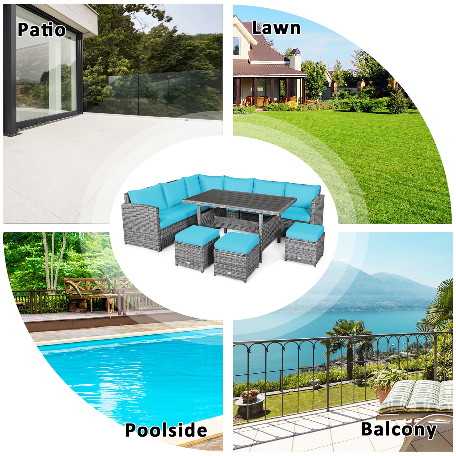 Costway 7 PCS Patio Rattan Dining Set Sectional Sofa Couch Ottoman Garden Turquoise
