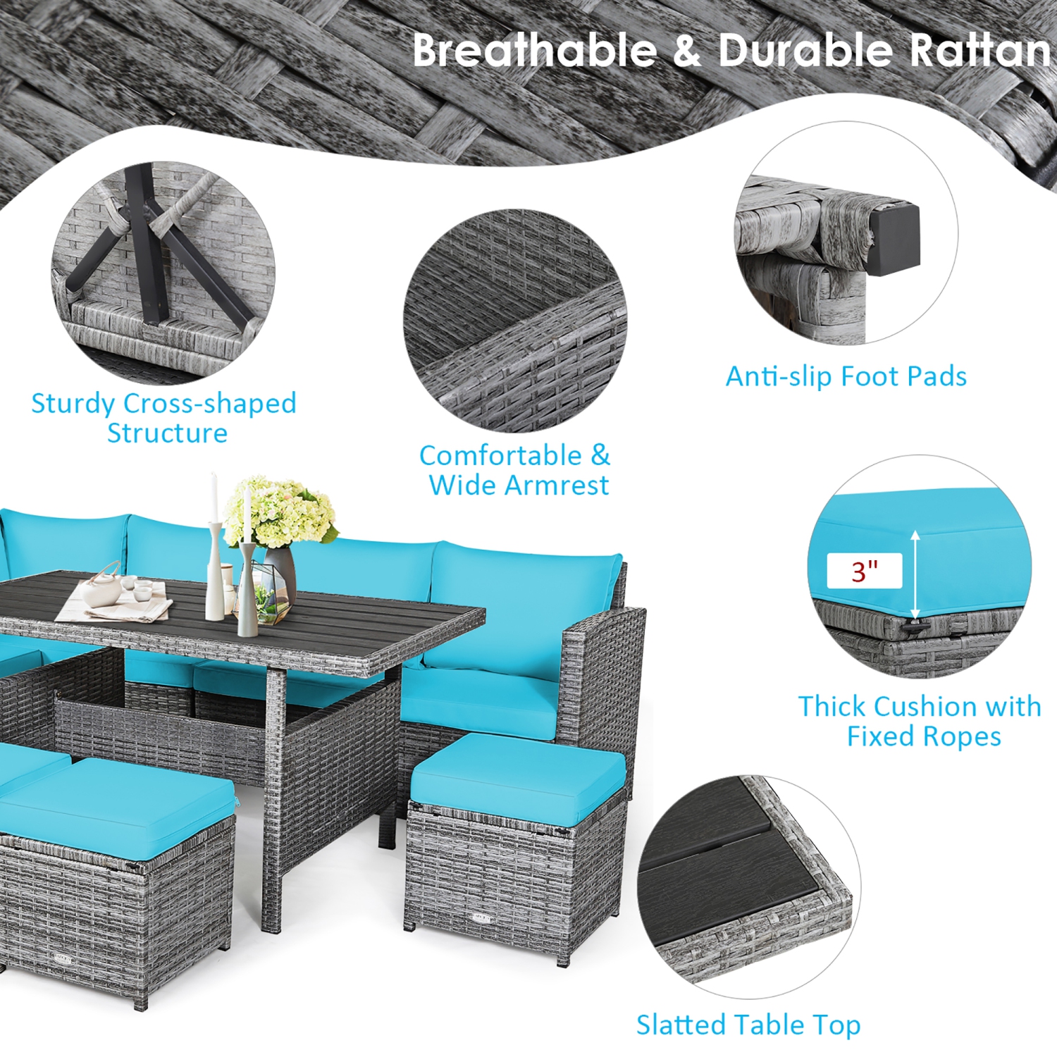 Costway 7 PCS Patio Rattan Dining Set Sectional Sofa Couch Ottoman Garden Turquoise