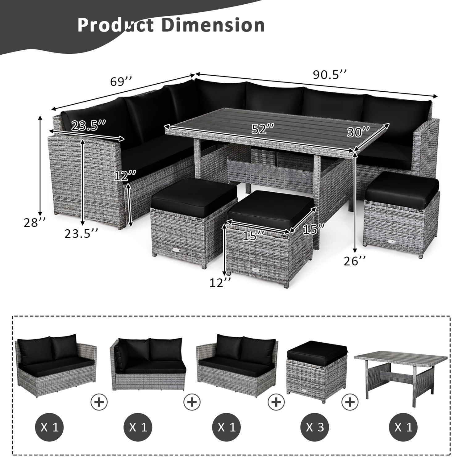 Ensemble patio de 7 pièces avec ensemble de salle à manger et canapé modulaire avec pouf et jardin en rotin de Costway - Noir