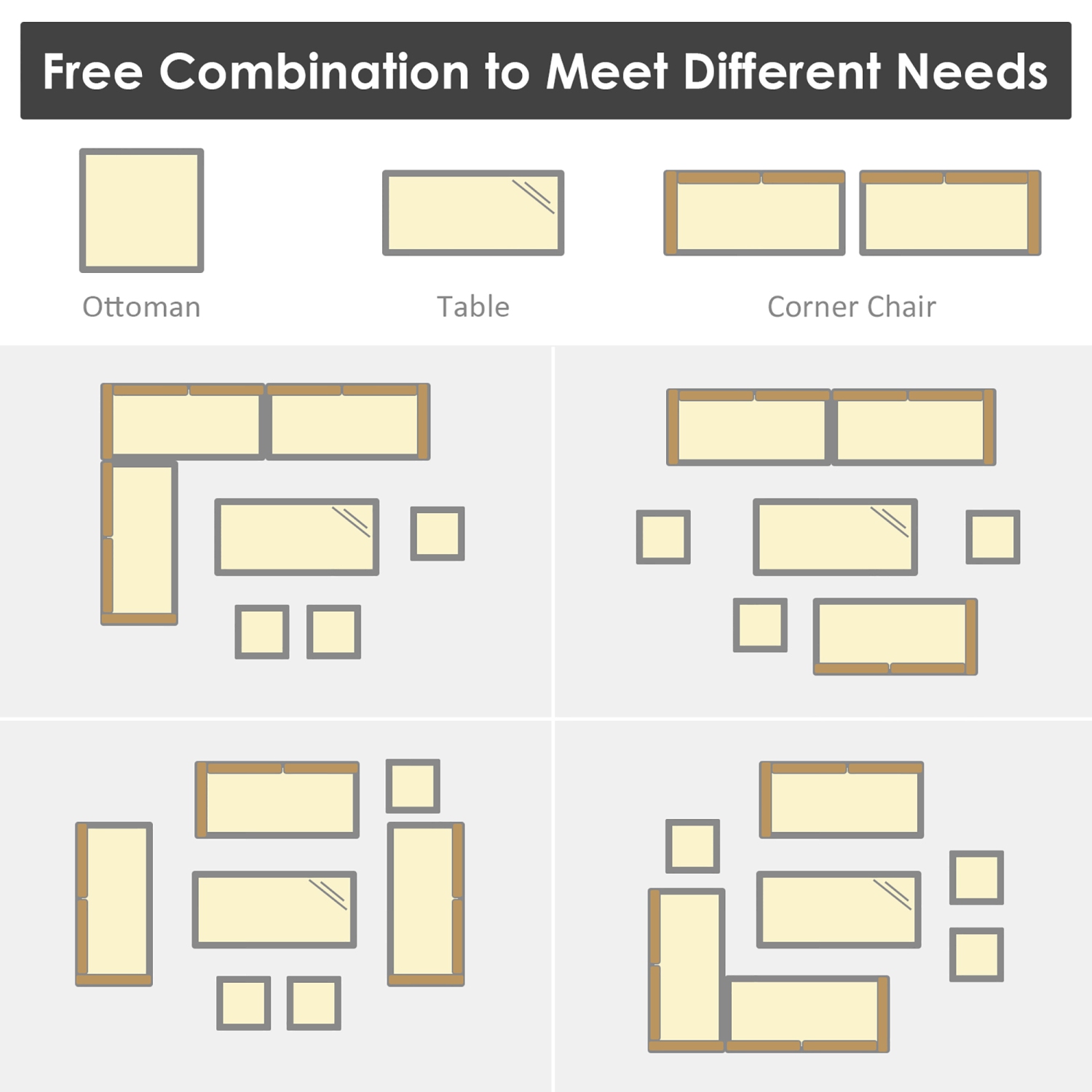 Ensemble patio de 7 pièces avec ensemble de salle à manger et canapé modulaire avec pouf et jardin en rotin de Costway - Noir