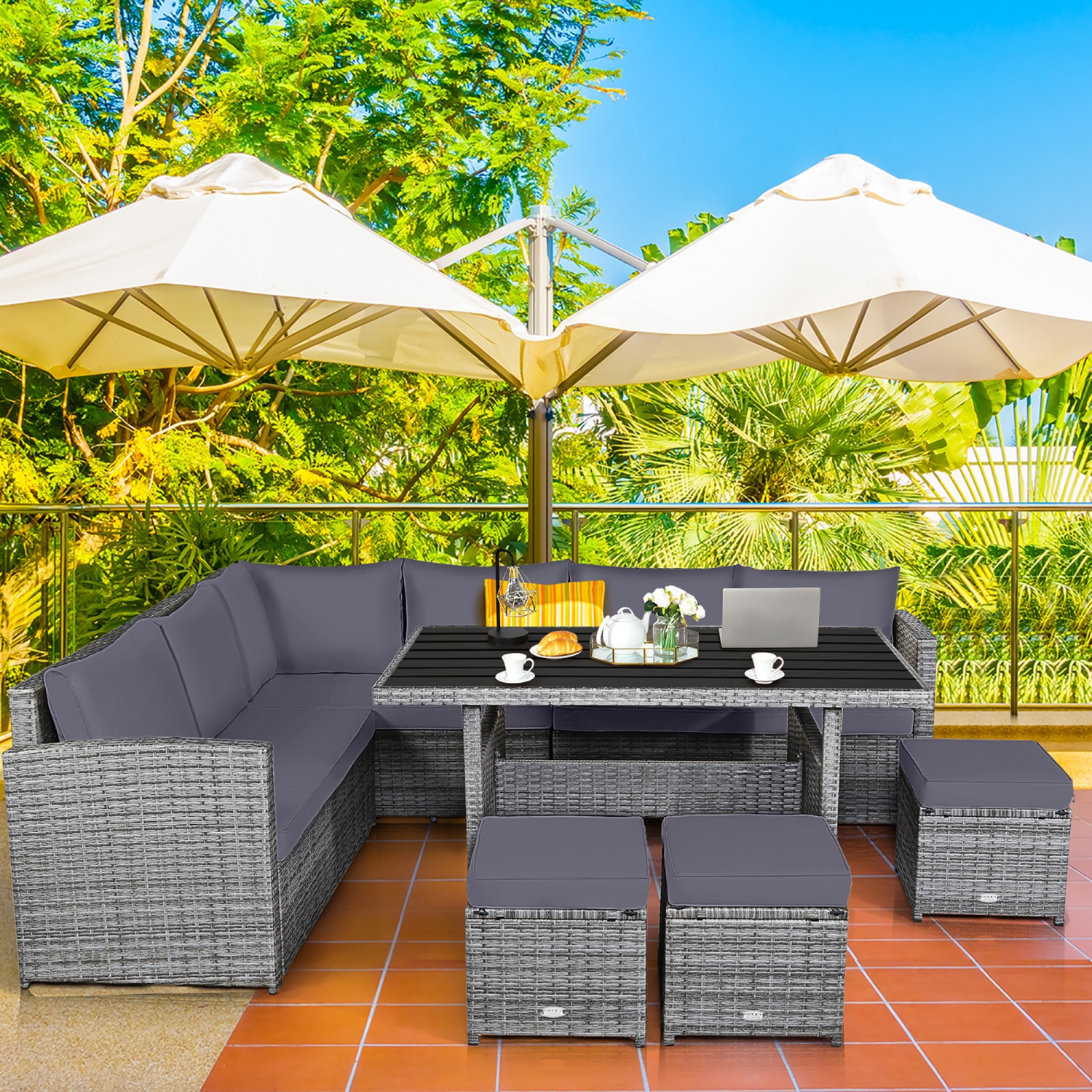 Ensemble patio de 7 pièces avec ensemble de salle à manger et canapé modulaire, pouf et jardin, gris Costway