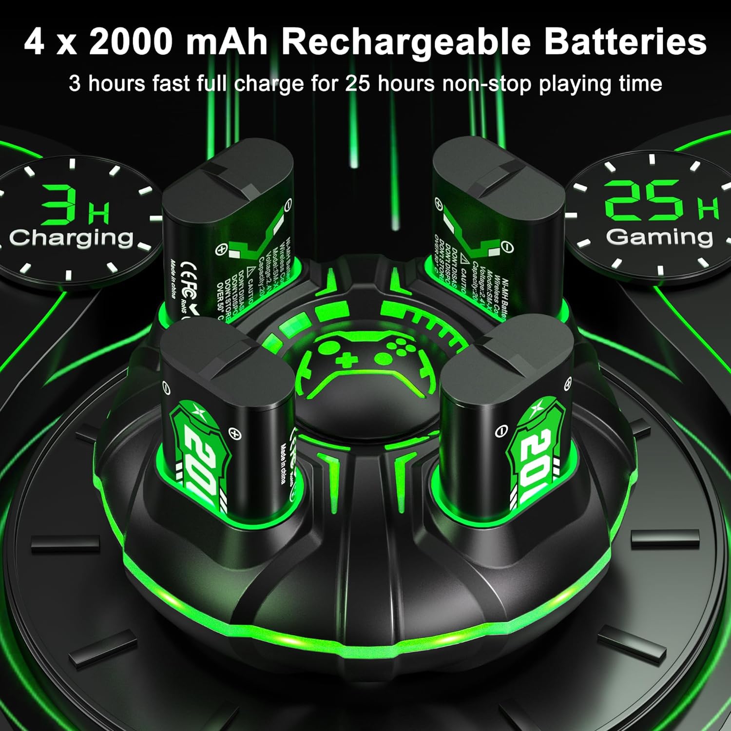 4 x 2000&nbsp;mAh, batterie rechargeable avec chargeur de manette à recharge rapide