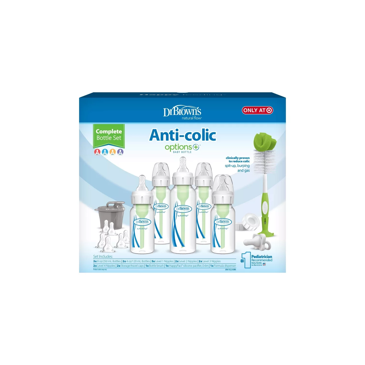 Coffret-cadeau pour 0&nbsp;m nouveau-né avec biberons anticoliques Options+ de Dr. Brown's.