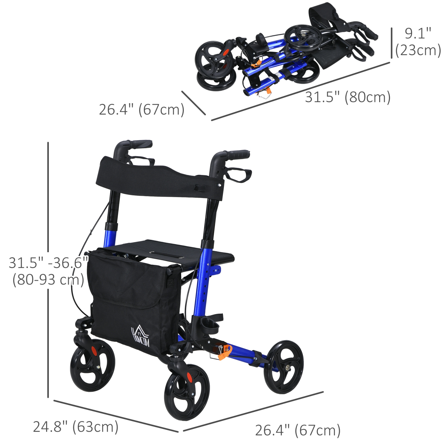 HOMCOM Rollator Walker for Seniors and Adults with 8'' Wheels, Seat, Aluminium Lightweight Folding Rolling Walker with Adjustable Handle, Storage