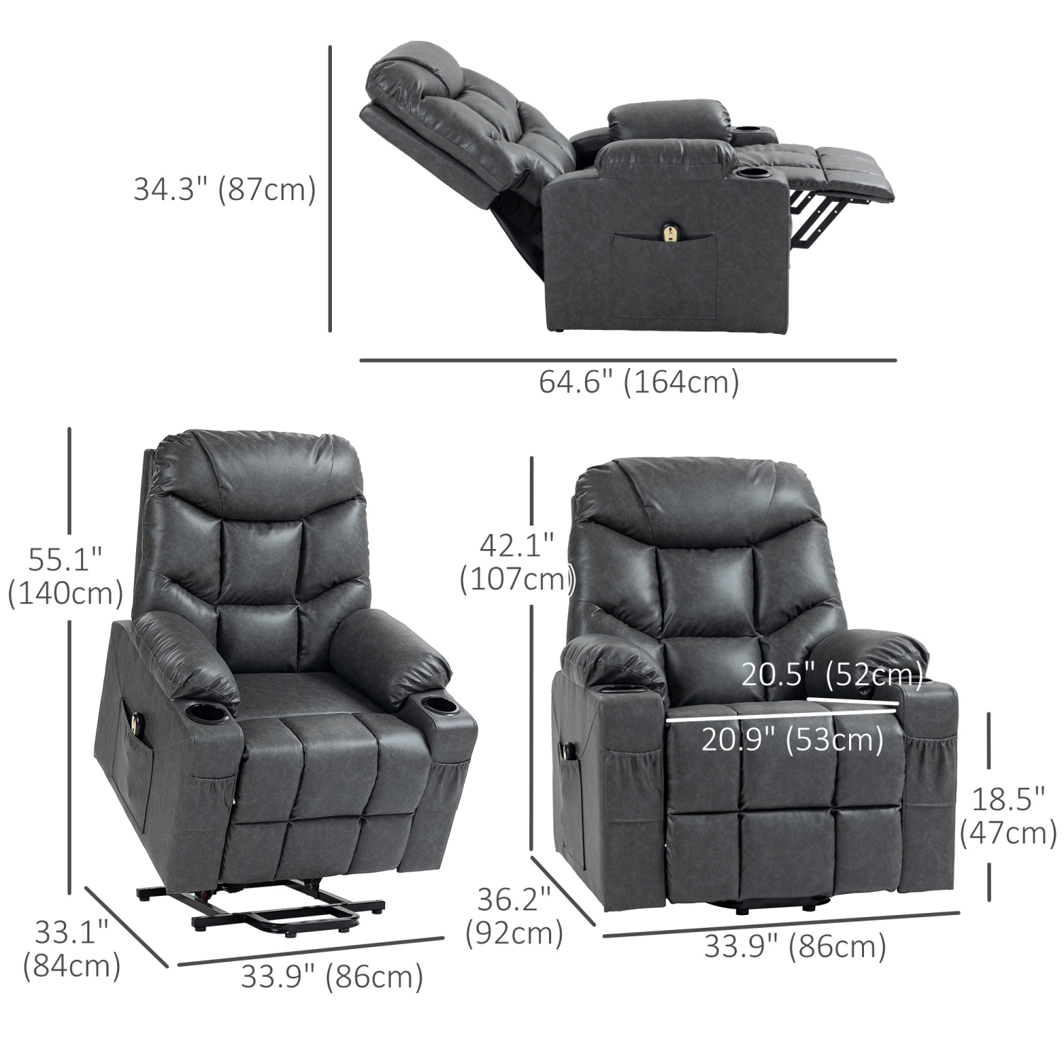 HOMCOM Power Lift Chair for Elderly, PU Leather Upholstered Electric Recliner Chair with Footrest, Remote Control, Cup Holders, Side Pockets for