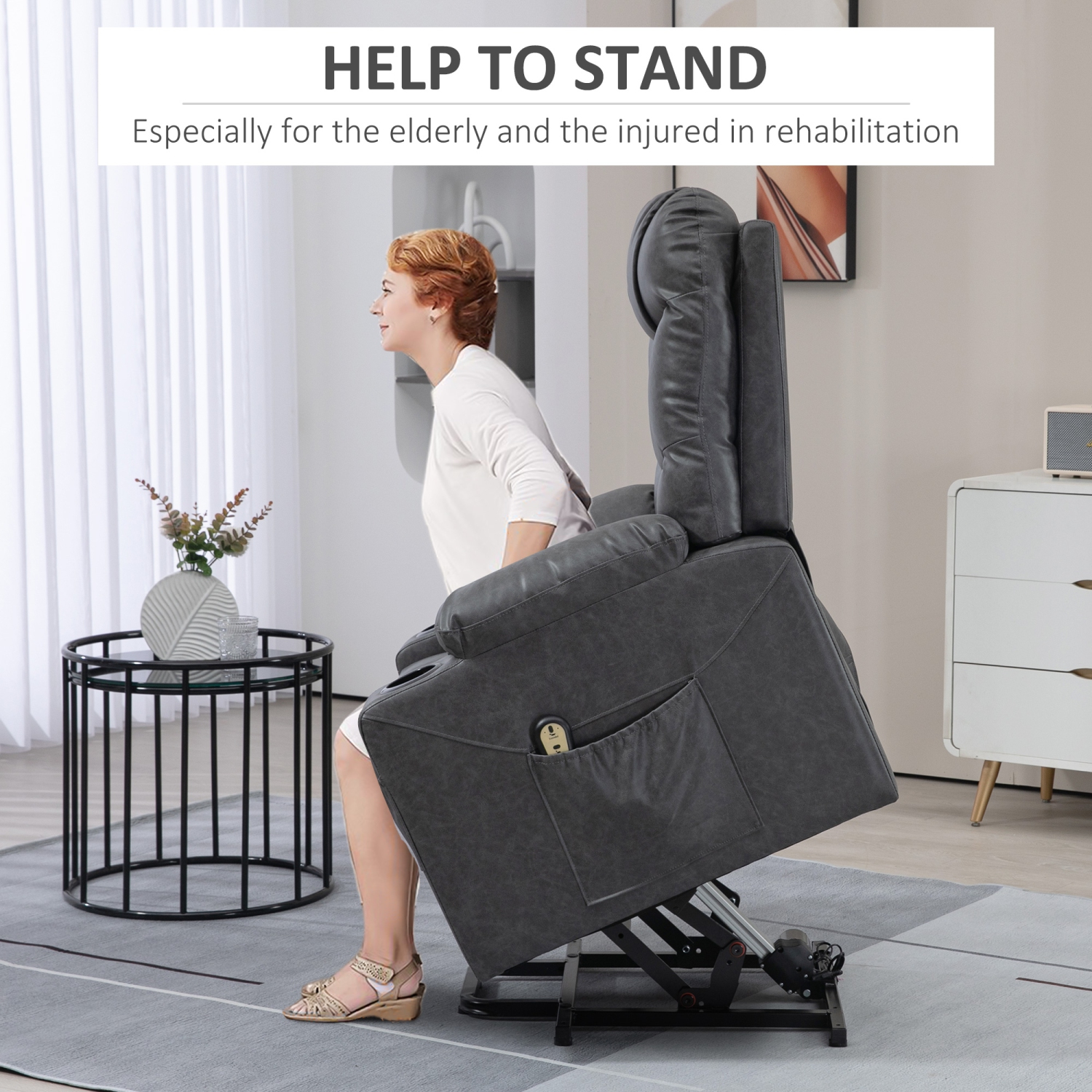 HOMCOM Power Lift Chair for Elderly, PU Leather Upholstered Electric Recliner Chair with Footrest, Remote Control, Cup Holders, Side Pockets for