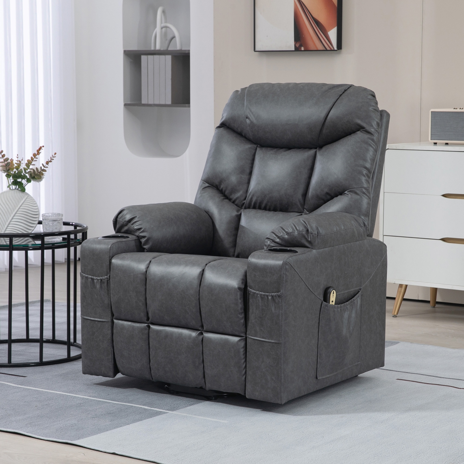 HOMCOM Power Lift Chair for Elderly, PU Leather Upholstered Electric Recliner Chair with Footrest, Remote Control, Cup Holders, Side Pockets for