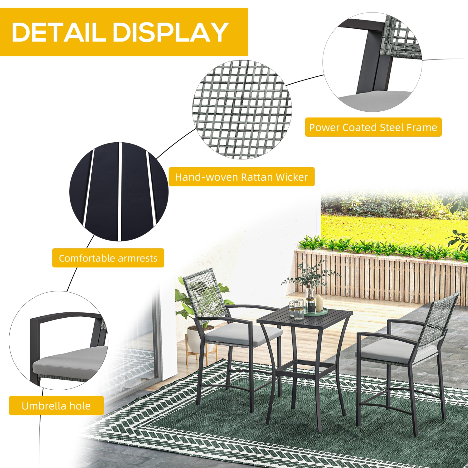 Ensemble de bar en osier de 3 pièces Outsunny, ensemble de bar bistro classique patio style rotin jardin, table de bar et chaises hautes avec