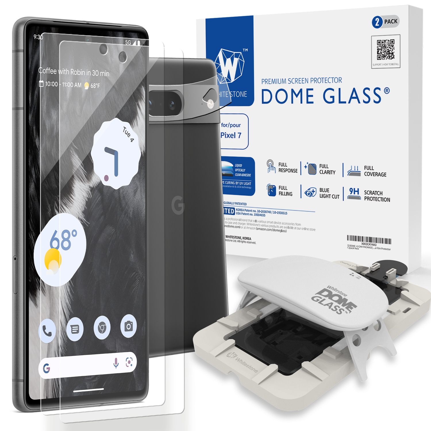 Whitestone DomeGlass Screen Protector for Google Pixel 7 with UV Lamp [9H Tempered Glass, Bubble Free, Installation Kit] - 2 Pack