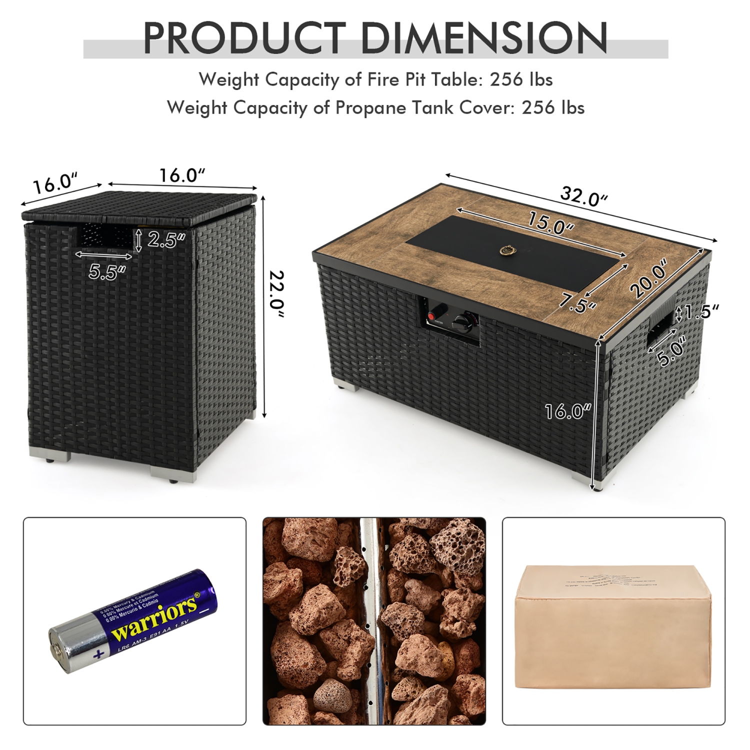 Gymax 32''x 20'' Propane Rattan Fire Pit Table Set w/ Side Table Tank & Cover 40,000 BTU