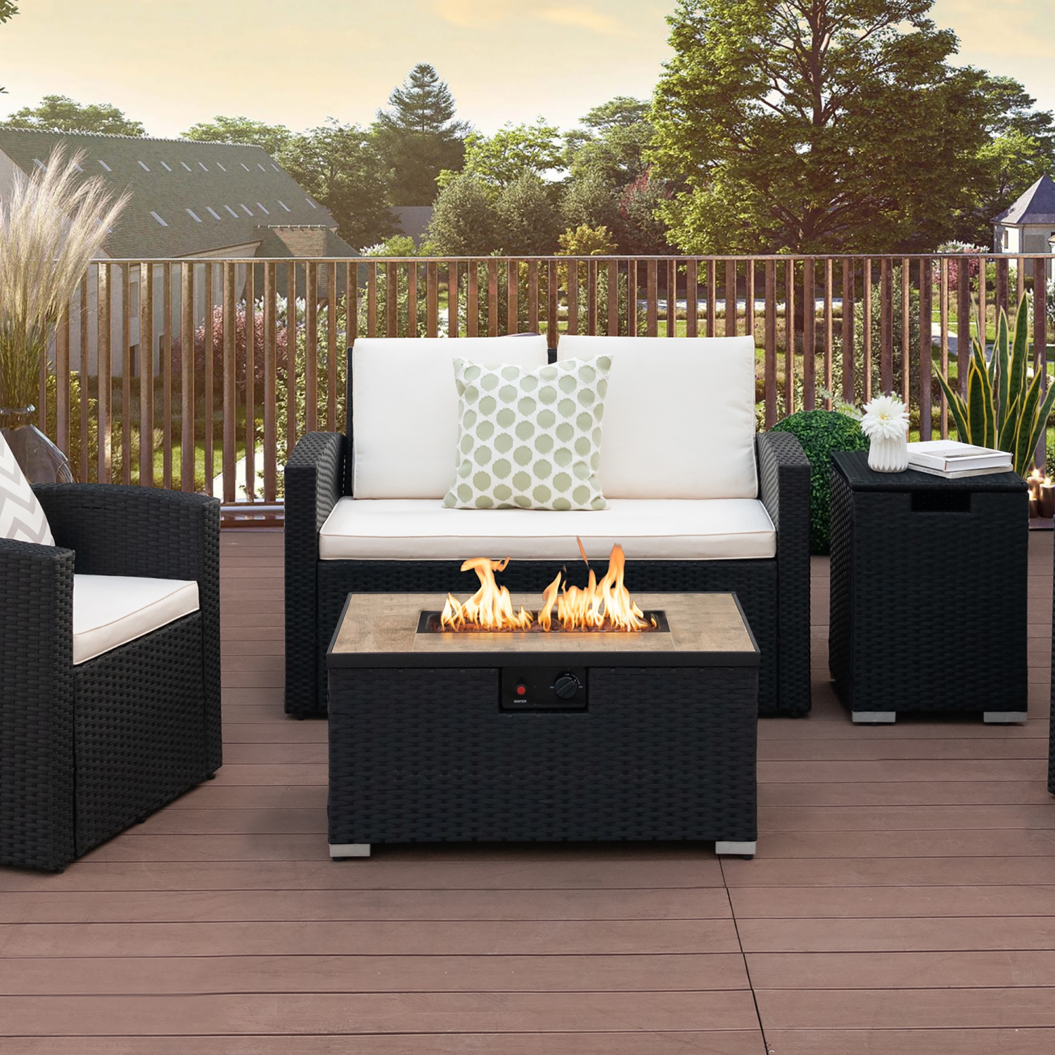 Gymax 32''x 20'' Propane Rattan Fire Pit Table Set w/ Side Table Tank & Cover 40,000 BTU