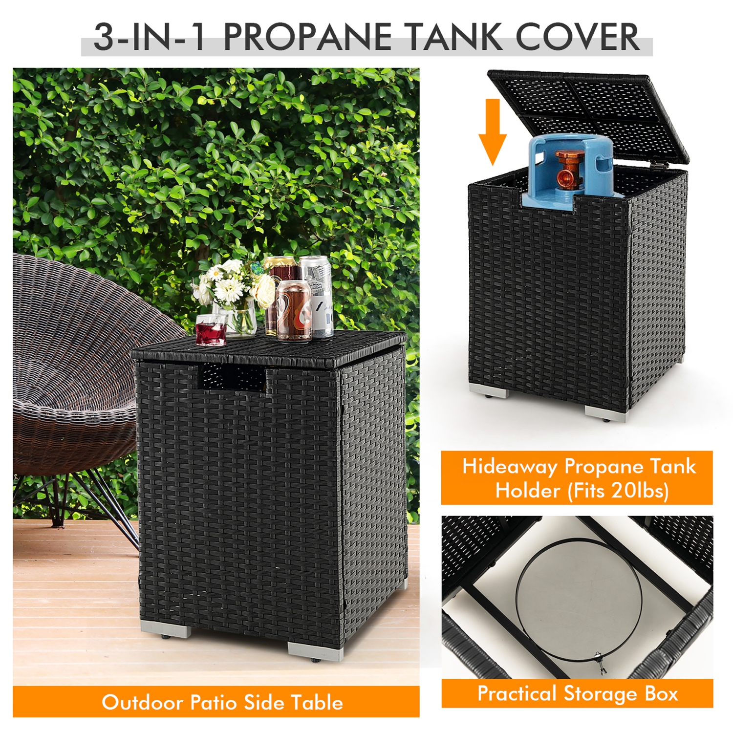Gymax 32''x 20'' Propane Rattan Fire Pit Table Set w/ Side Table Tank & Cover 40,000 BTU