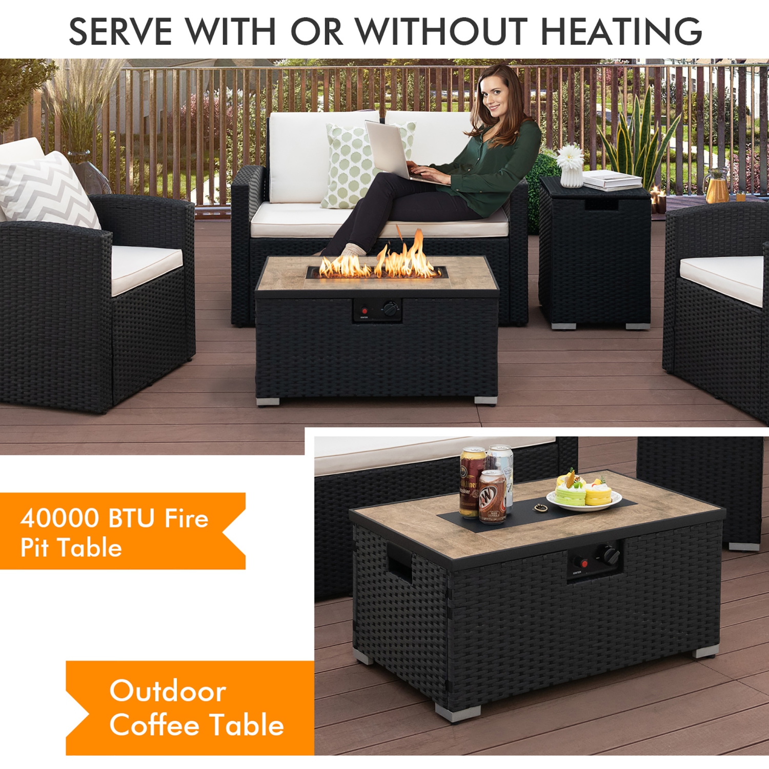 Gymax 32''x 20'' Propane Rattan Fire Pit Table Set w/ Side Table Tank & Cover 40,000 BTU