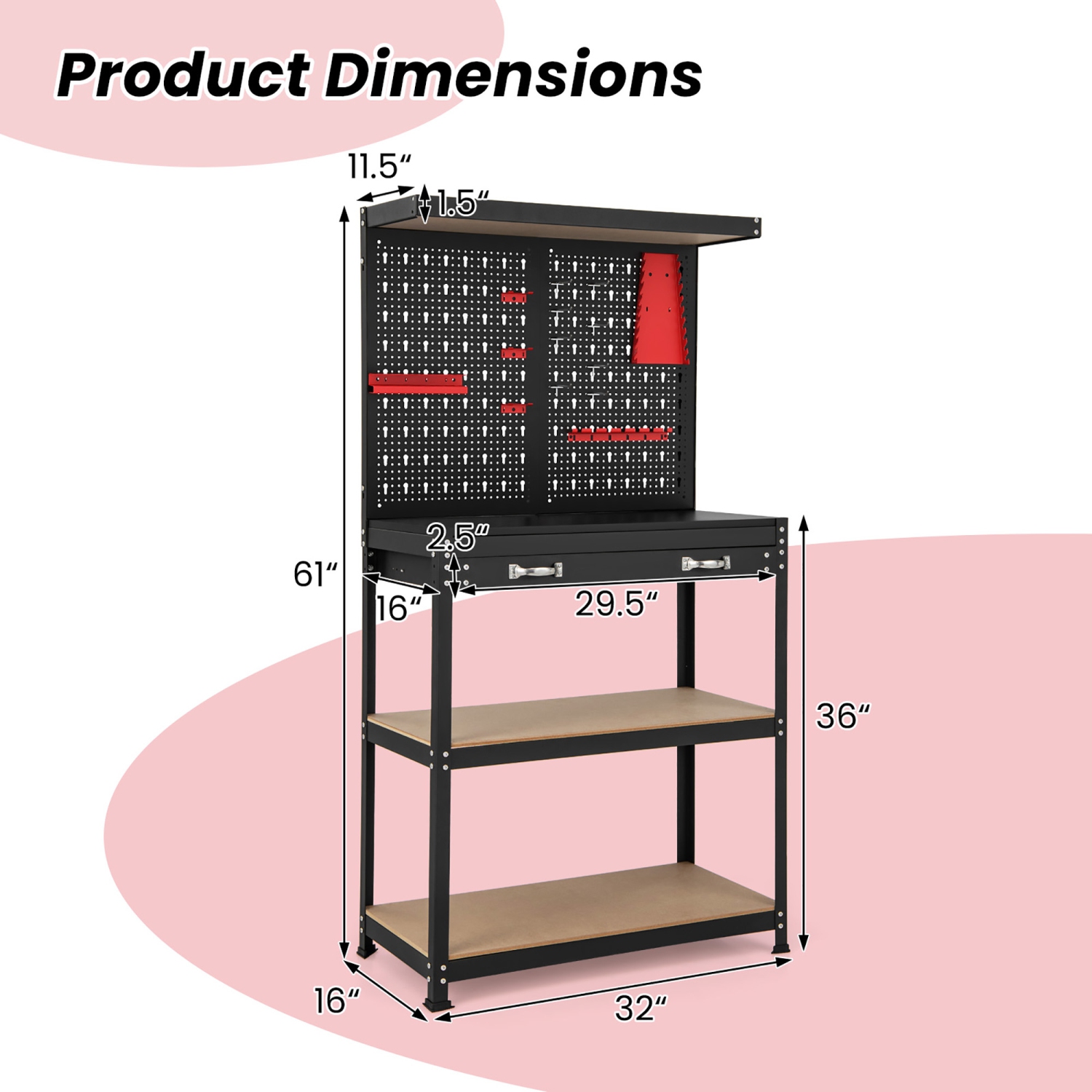 Gymax Multi-use Workbench w/ 2 Shelves Heavy-Duty Work Table Tool Storage Bench Black & Red