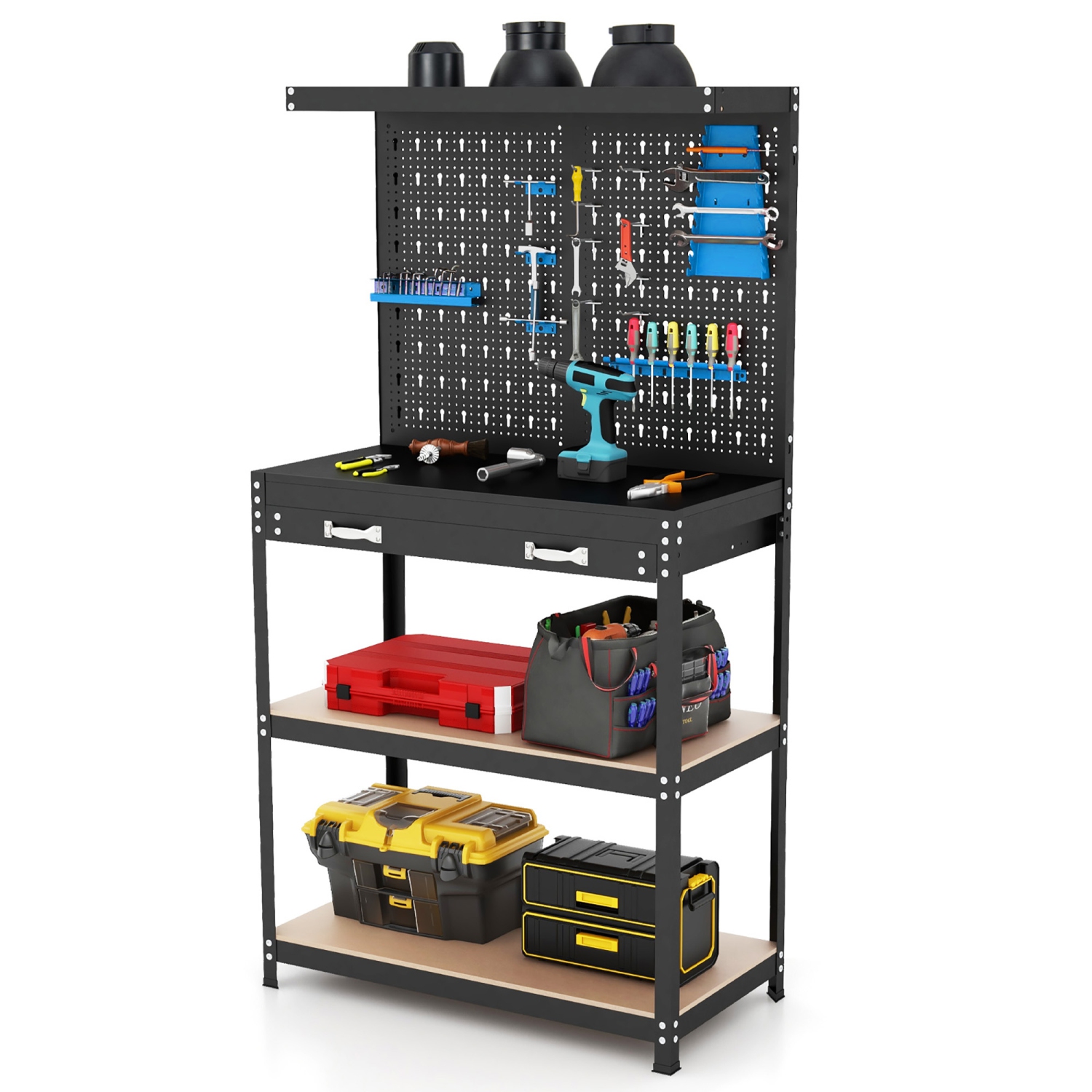 Gymax Multi-use Workbench w/ 2 Shelves Heavy-Duty Work Table Tool Storage Bench Black & Blue