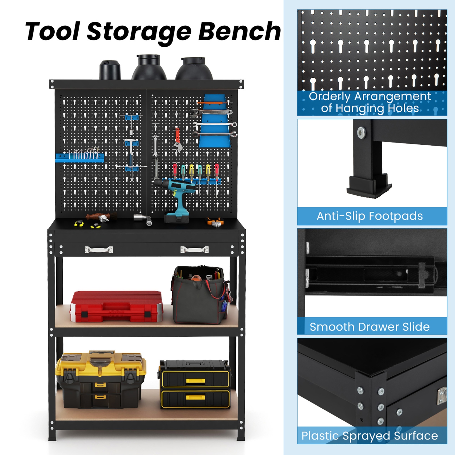 Gymax Multi-use Workbench w/ 2 Shelves Heavy-Duty Work Table Tool Storage Bench Black & Blue