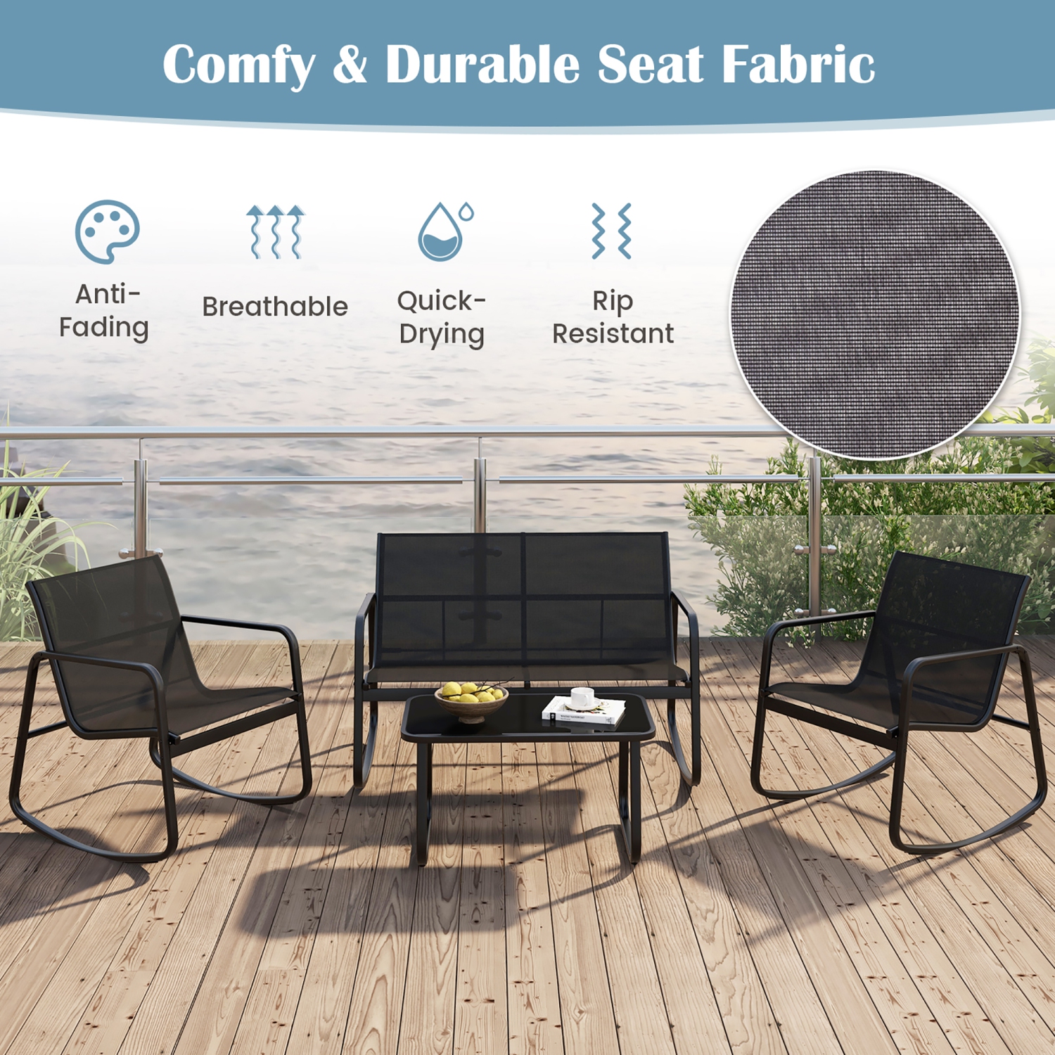 Gymax 4 Piece Rocking Bistro Set Patio Furniture Set w/ Loveseat 2 Rocking Chairs Black