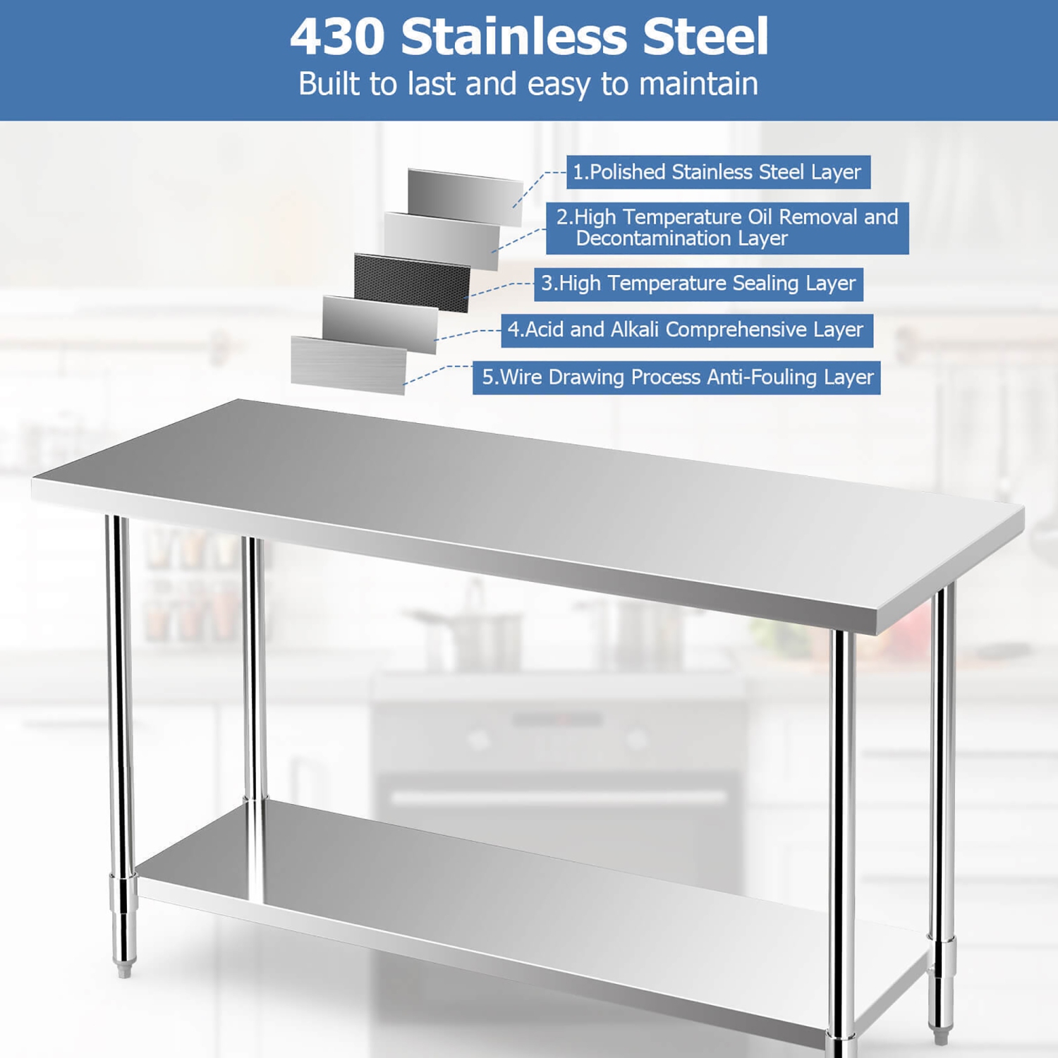Gymax 24 x 60 Inches Stainless Steel Work Table Kitchen Prep & Work Table Silver