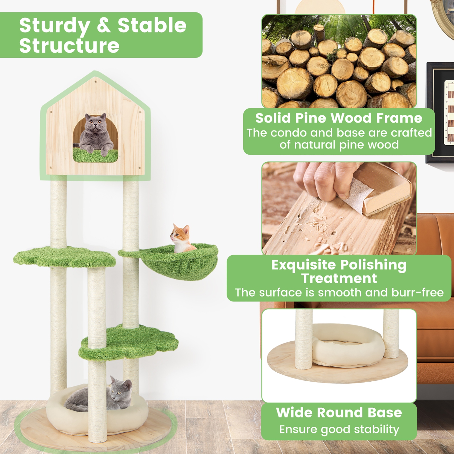 Gymax Wooden Cat Tree 55'' Tall Cat Climbing Stand w/ Sisal Scratching Posts Green