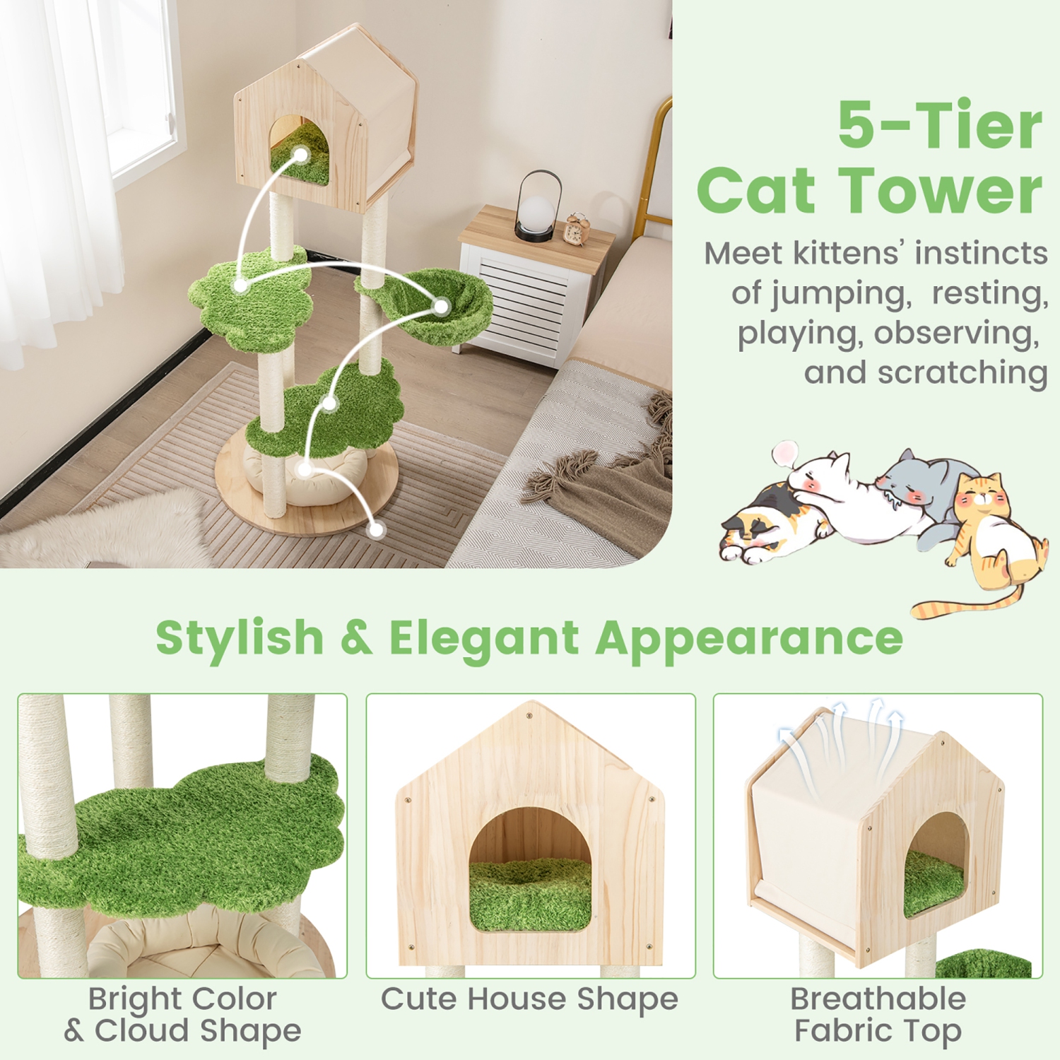 Gymax Wooden Cat Tree 55'' Tall Cat Climbing Stand w/ Sisal Scratching Posts Green
