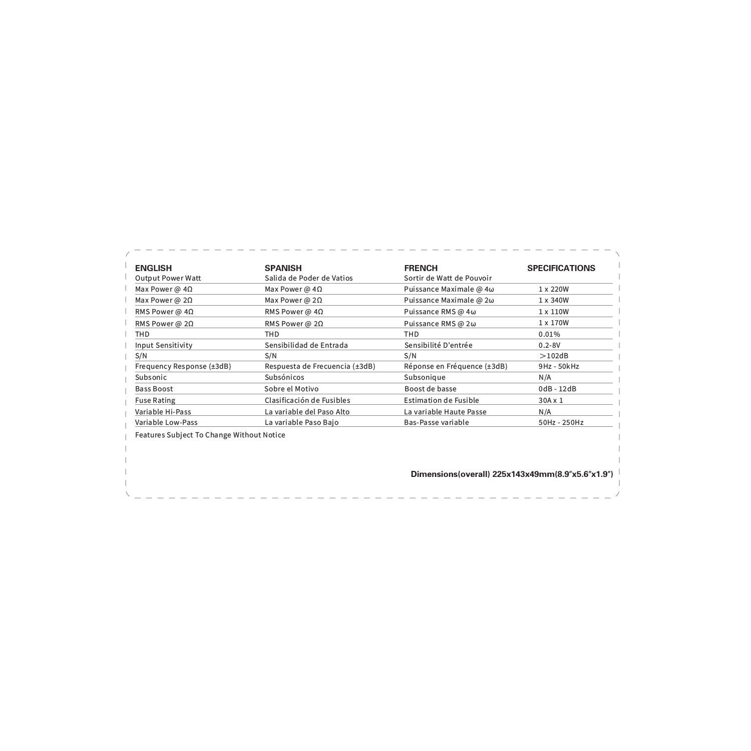 OceanAudio OAE-170.1 Car Audio Subwoofer Amplifier - Monoblock, Class A/B, 2/4 Ohm Stable, Mosfet Power Supply 340W - RMS Power @4Ω 1*110W @2Ω 1*170W
