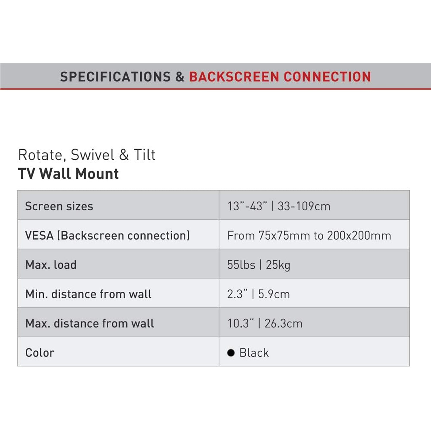 Barkan - Full Motion Wall TV Mount, For Flat or Curved Screens from 13" to 43", Maximum 25kg