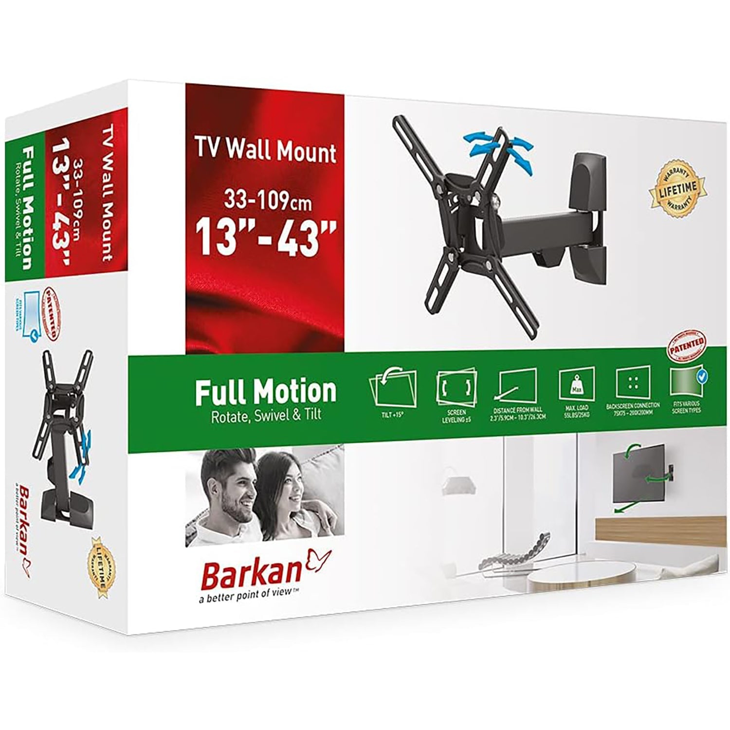 Barkan - Full Motion Wall TV Mount, For Flat or Curved Screens from 13" to 43", Maximum 25kg