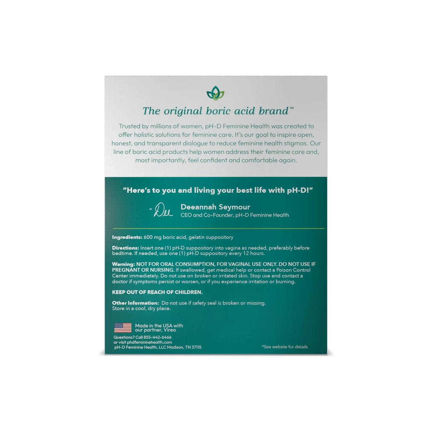 pH-D Feminine Health Boric Acid Vaginal Suppositories - 24ct