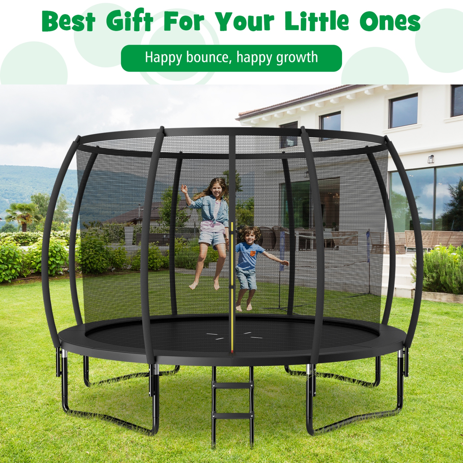 Topbuy Trampoline 10FT Approved Recreational Trampoline with Ladder Enclosure Safety Pad and Anti-Rust Galvanized Steel Frame Black/Blue/Orange