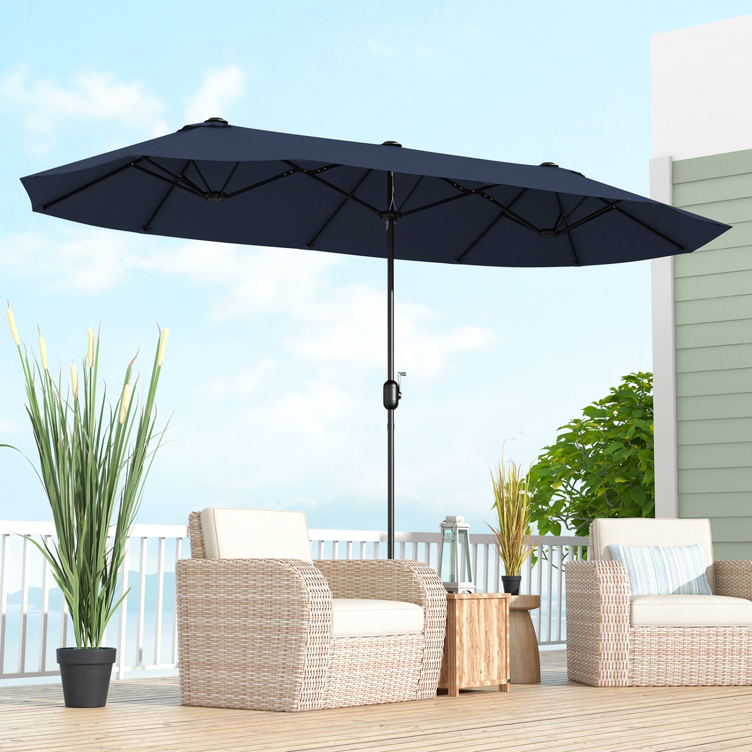 Gymax 13FT Double-sided Patio Umbrella w/ Crank Handle Umbrella Base Safety Lock