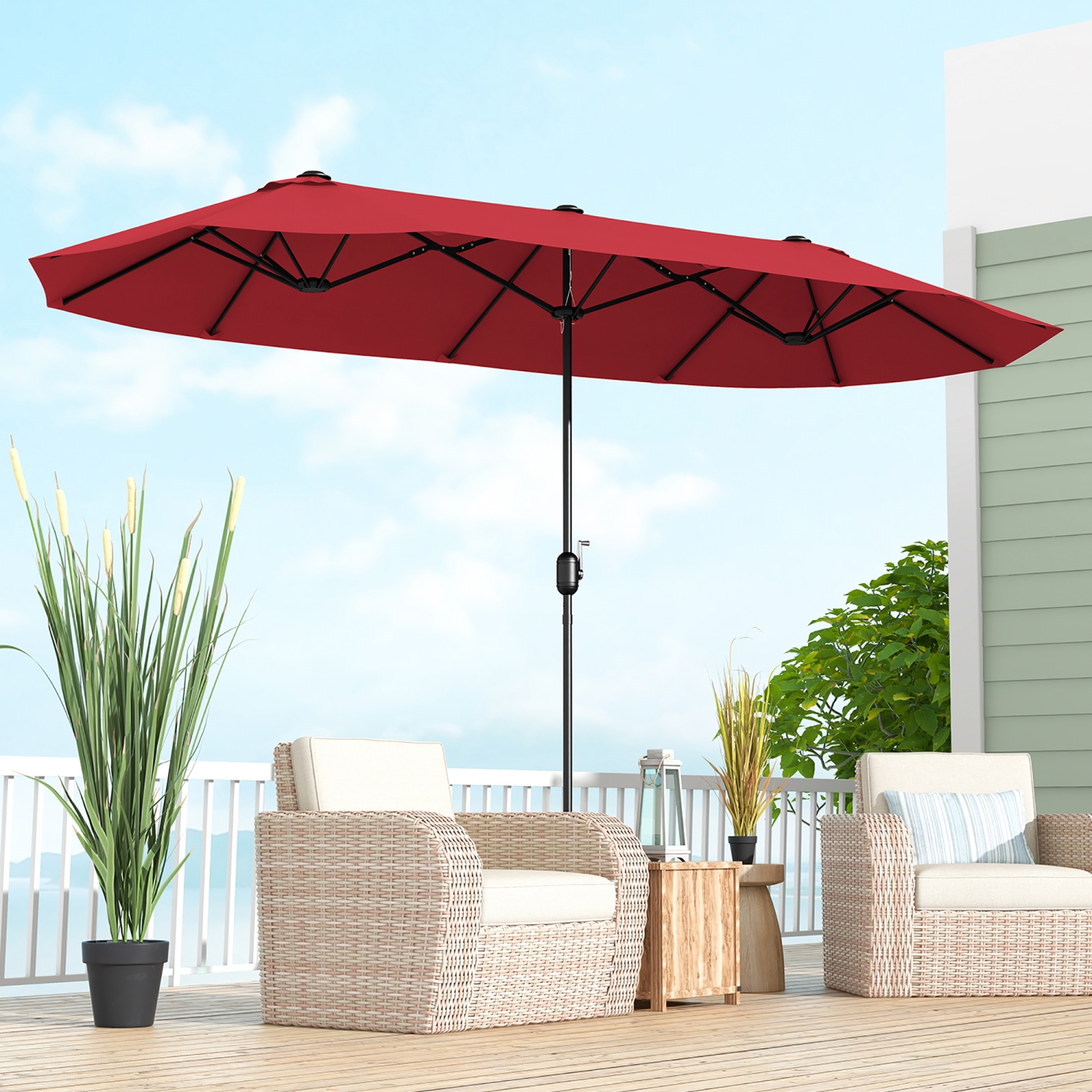 Gymax 13FT Double-sided Patio Umbrella w/ Crank Handle Umbrella Base Safety Lock
