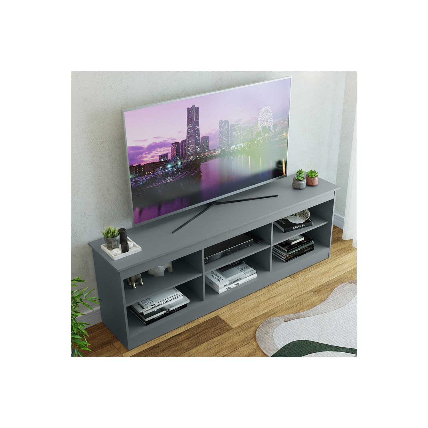 Meuble pour téléviseur Madesa avec 6 tablettes et système d’organisation des câbles, pour téléviseurs jusqu’à 75 po, meuble en bois pour téléviseur,