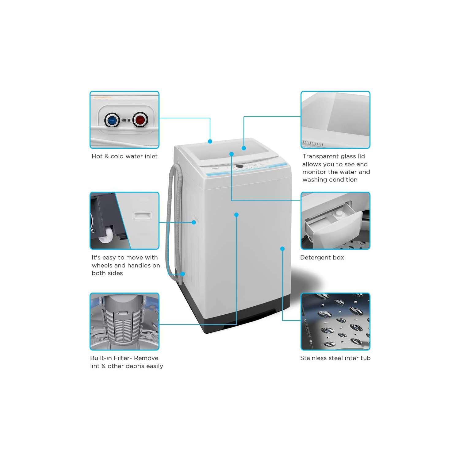 COMFEE' 2.3 Cu.Ft Portable Washing Machine, Compact Top Load Washer with 6 Program—Speed Wash, Temperature Selection, Steel Drum, Space Saving,