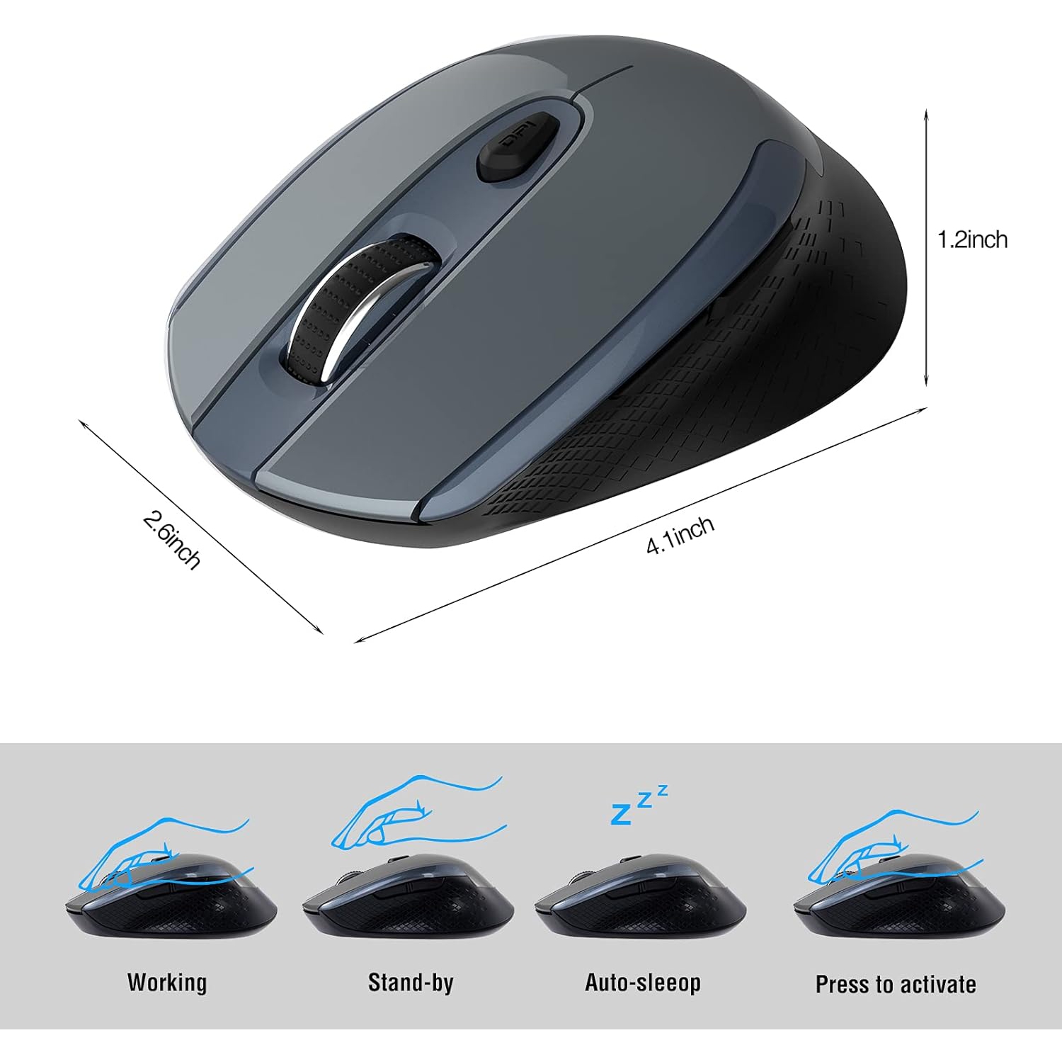 Wireless Computer Mouse, 2.4G Silent Cordless Mouse for Laptop, Mouse with 6 Buttons and 3 Adjustable DPI for Laptop, Deskbtop, MacBook, PC