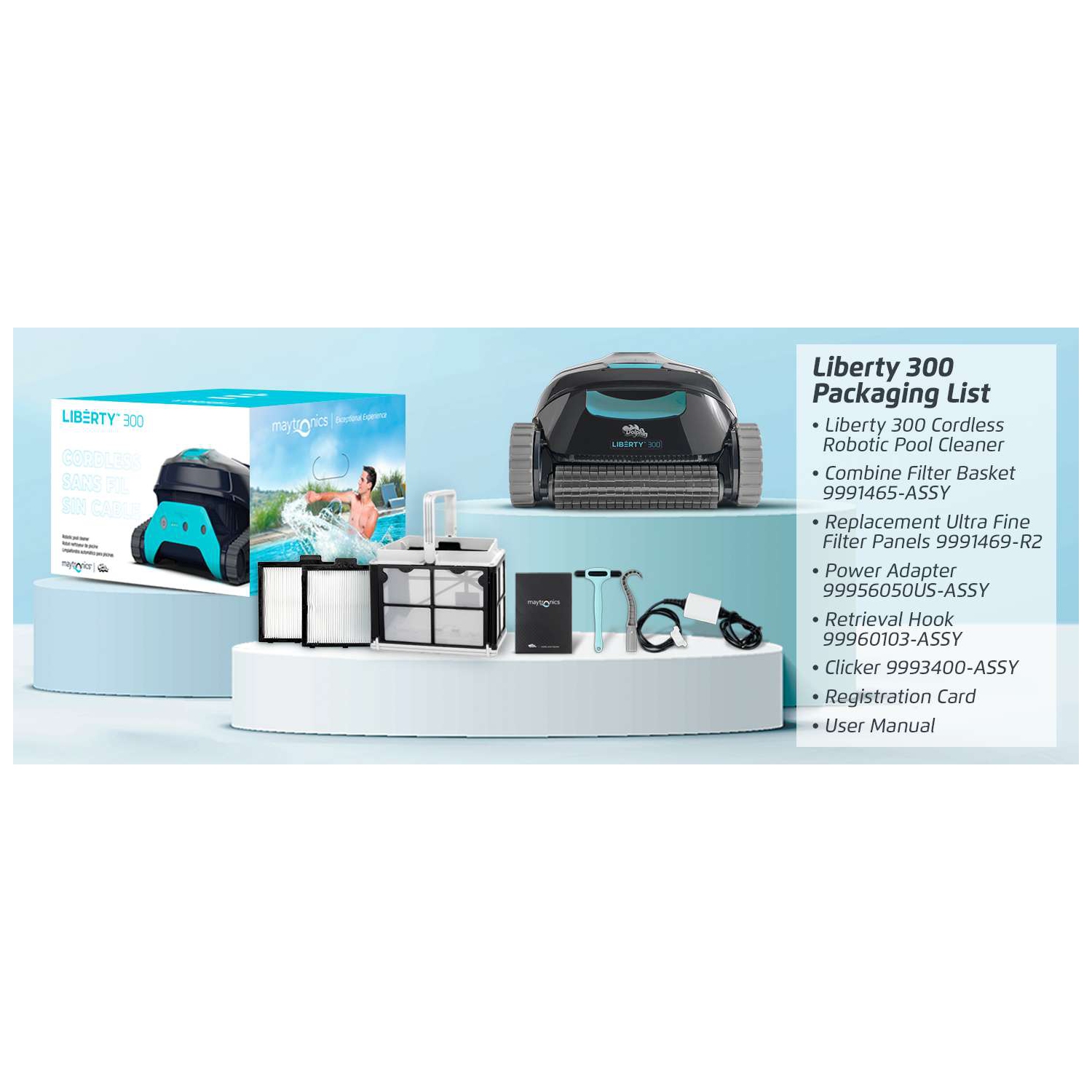 Dolphin Liberty 300 Cordless Robotic Pool Vacuum Cleaner — Simple Inductive Charging — Click-Up for Easy Removal — Ideal for Above and In-Ground