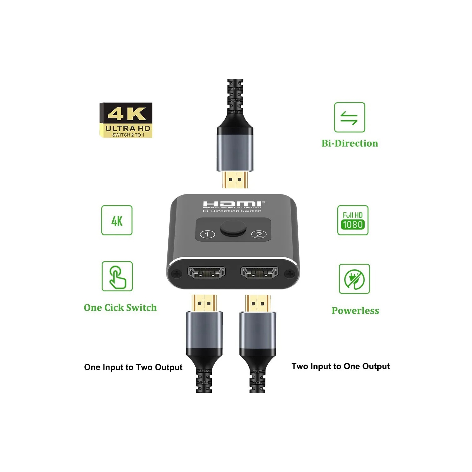 axGear HDMI Splitter / HDMI Switch 2 Port Bi- direction 4K Ultra HD 1 in 2 out / 2 in 1 out