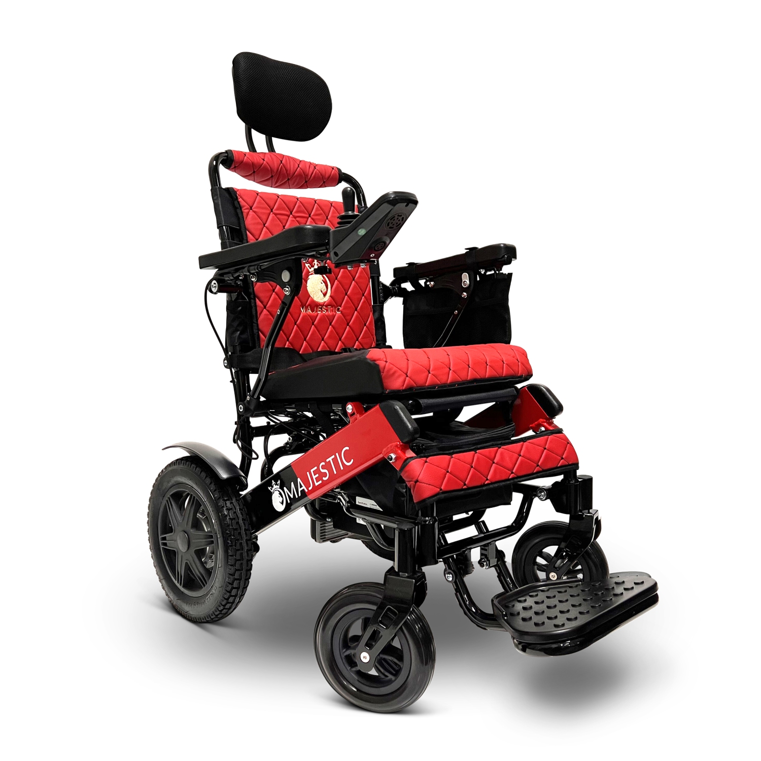 MAJESTIC IQ-9000 Airline Approved Luxury Electric Wheelchair | Auto Recline, LCD Joystick, Foldable, Up to 30 KM Range, Ultra-Light | 17’’ Seat Width, Red Frame, Red Textile